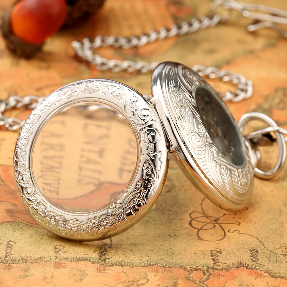 The Silvery Pocket Watch, featuring ornate engravings and a clear cover, rests open on a map with its skeleton dial visible against the antique background.