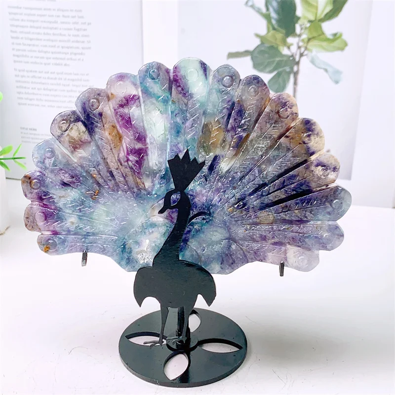 

Natural Fluorite Peacock Feather Wings Carving Crafts Healing Energy Lucky Stone Home Decoration Birthday Gift 1PCS