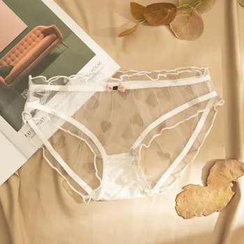 Comodi Slip a Vita Bassa in Pizzo Sottile con Fiocco, Mutandine Senza Cuciture in Rete, Lingerie con Volant per Donne