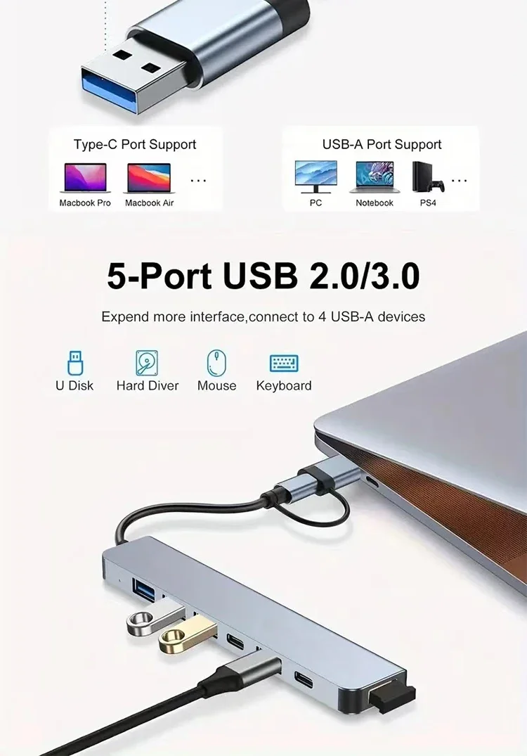 8-in-1 Usb-c Hub With Sd Tf Card Reader And Usb Port For Laptop_voghion.com