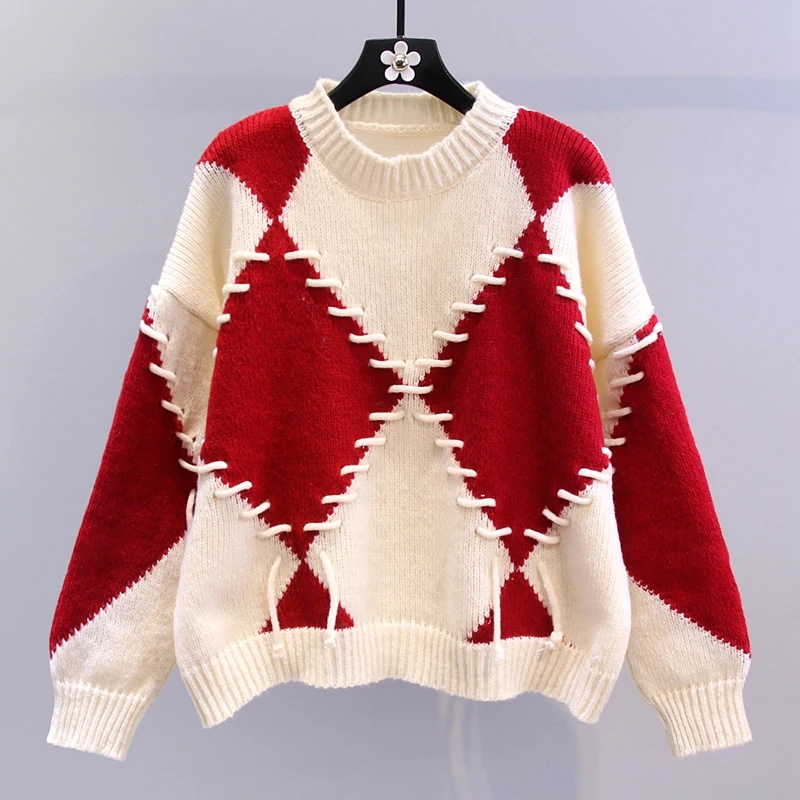 

Argyle Bandage Knitted Red Women Sweater Pullovers Autumn Winter O-Neck Thicken Warm Long-Sleeved Casual Female Pulls Outwears