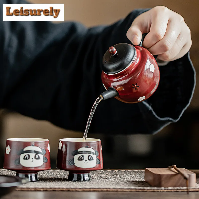 Boutique Pink Hawthorn Red Ceramic Teacup Hand Painted Small Flower Pot Japanese Tea Brewing Kettle Portable Bag Kung Fu Teaset