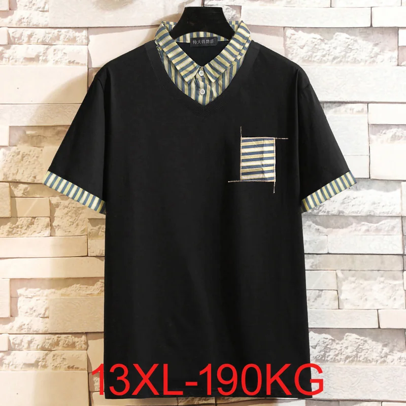 

Summer new fat lapel short-sleeved t-shirt stripes big yards fake two pieces loose plus size 11XL 12XL 13XL oversized 190KG