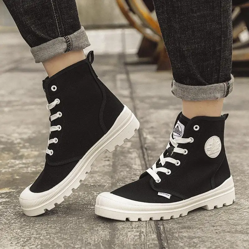 

Зимняя мужская обувь с круглым носком на низком каблуке, повседневная универсальная парусиновая удобная обувь с высоким верхом на шнуровке