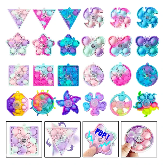 24 Pack Pop Fidget Spinner Keychain Toys Set Push Bubble Sensory Stress Relief Pop Poppers Fidgets Spinners Party Favors Gift