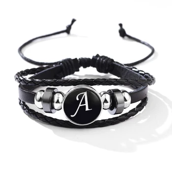 Vintage Black Letter Leather Bracelet 26 English Initials Glass Snap Buttons Bracelets For Men