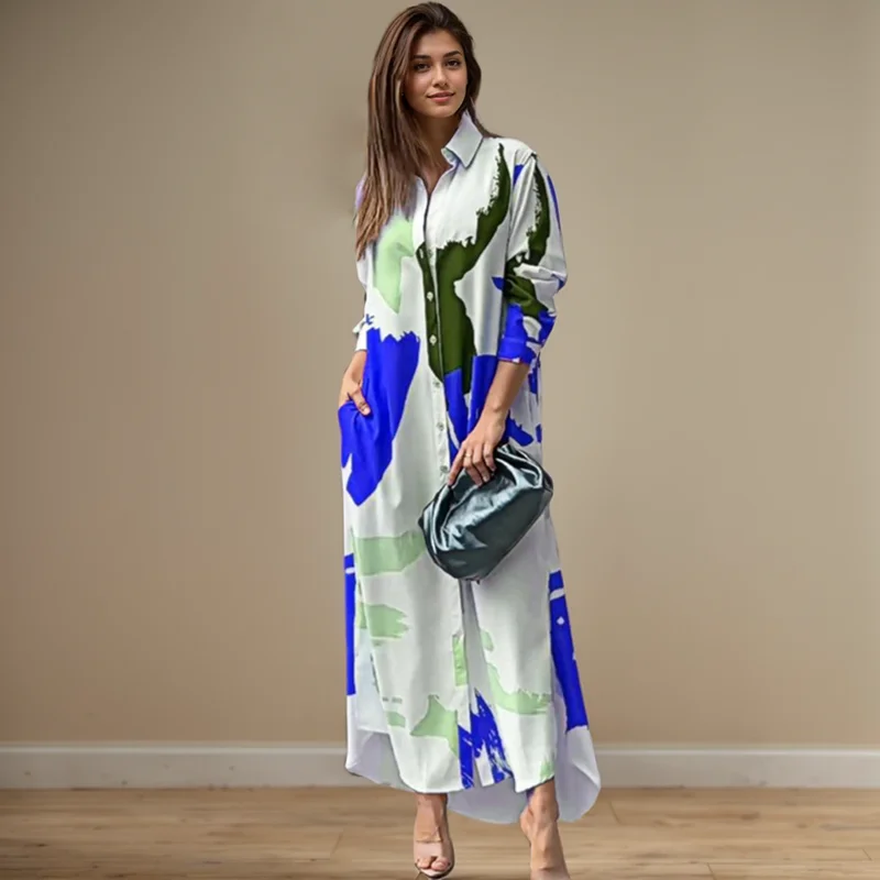 Fashion Sexy Side Split Turn Down Collar Shirt Long Dress Elegant Temperament Printed Long Sleeve Pocket Single Breasted Dress 4