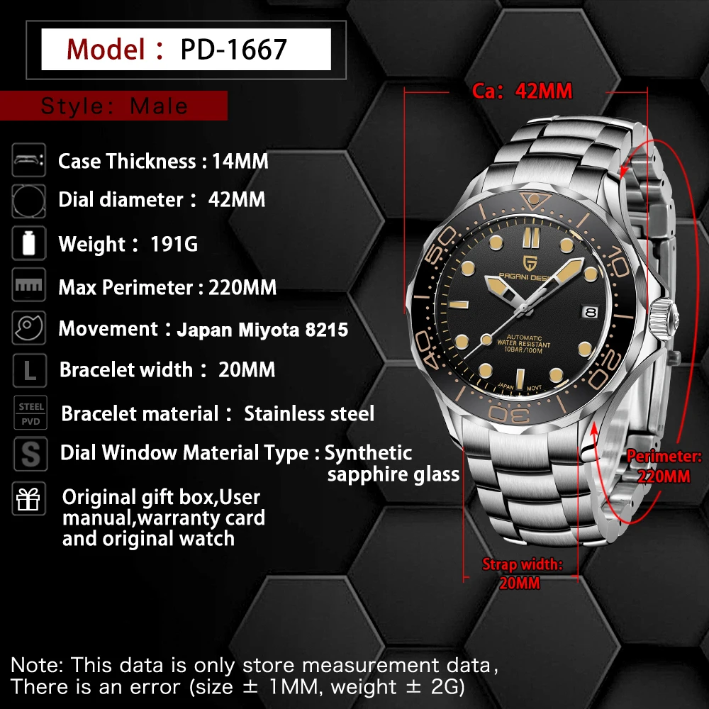 Pagani Design Luxury Automatic Men Wristwatch Sapphire AR Diver Image 8