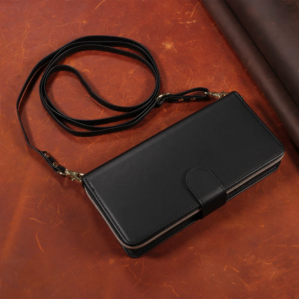Zipper Wallet Leather Flip Case with Kickstand and Lanyard Phone Cover