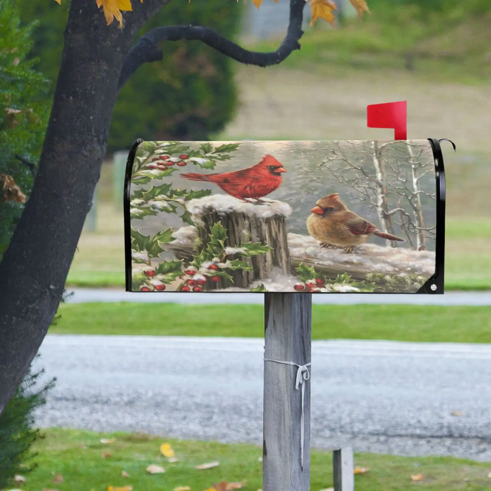 Winter Cardinal Birds Mailbox Cover Magnetic Mailbox Wrap Post Letter Box Cover Garden Home Christmas Decoration Standard Size