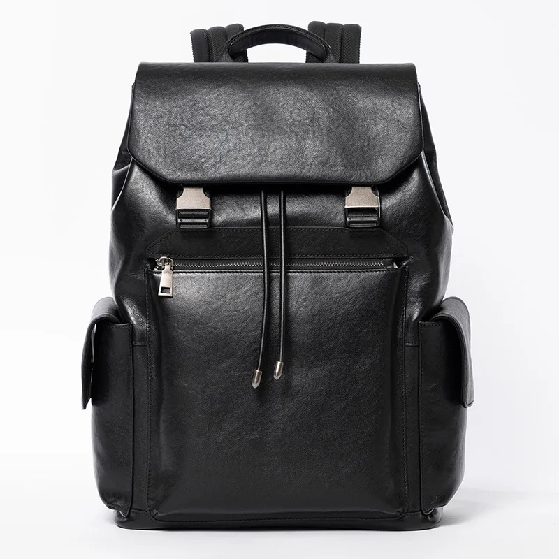 Men Genuine Leather String Backpack Fashion Travel Bag Male Mochila Large Capacity Shoolbag For Boy Men Laptop Backpack Book Bag