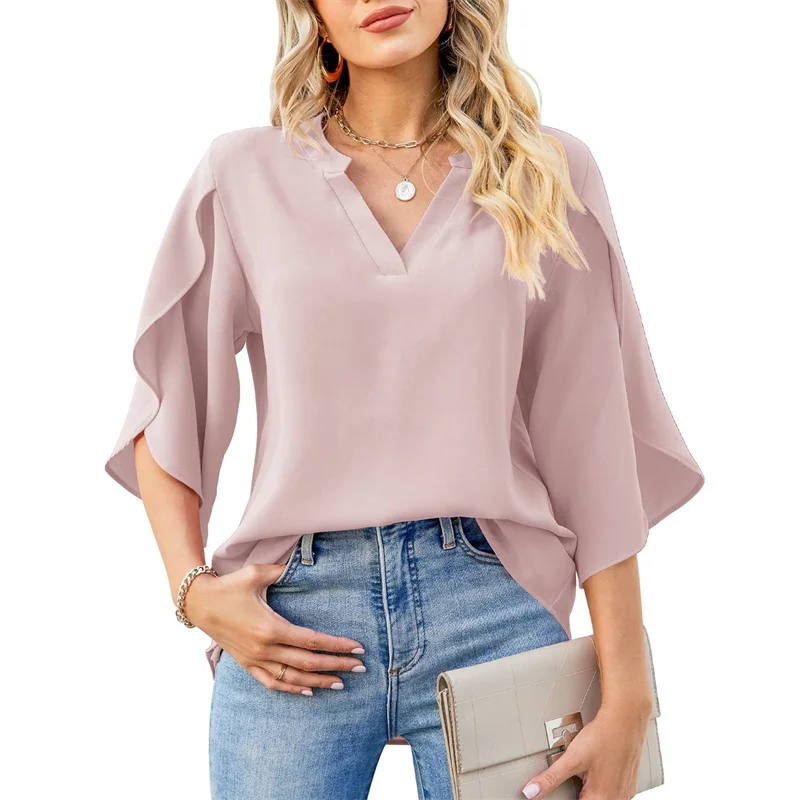 Women Summer Style Blouses Shirts Lady Casual Short Flare Sleeve V-Neck Solid Color Blouse Tops