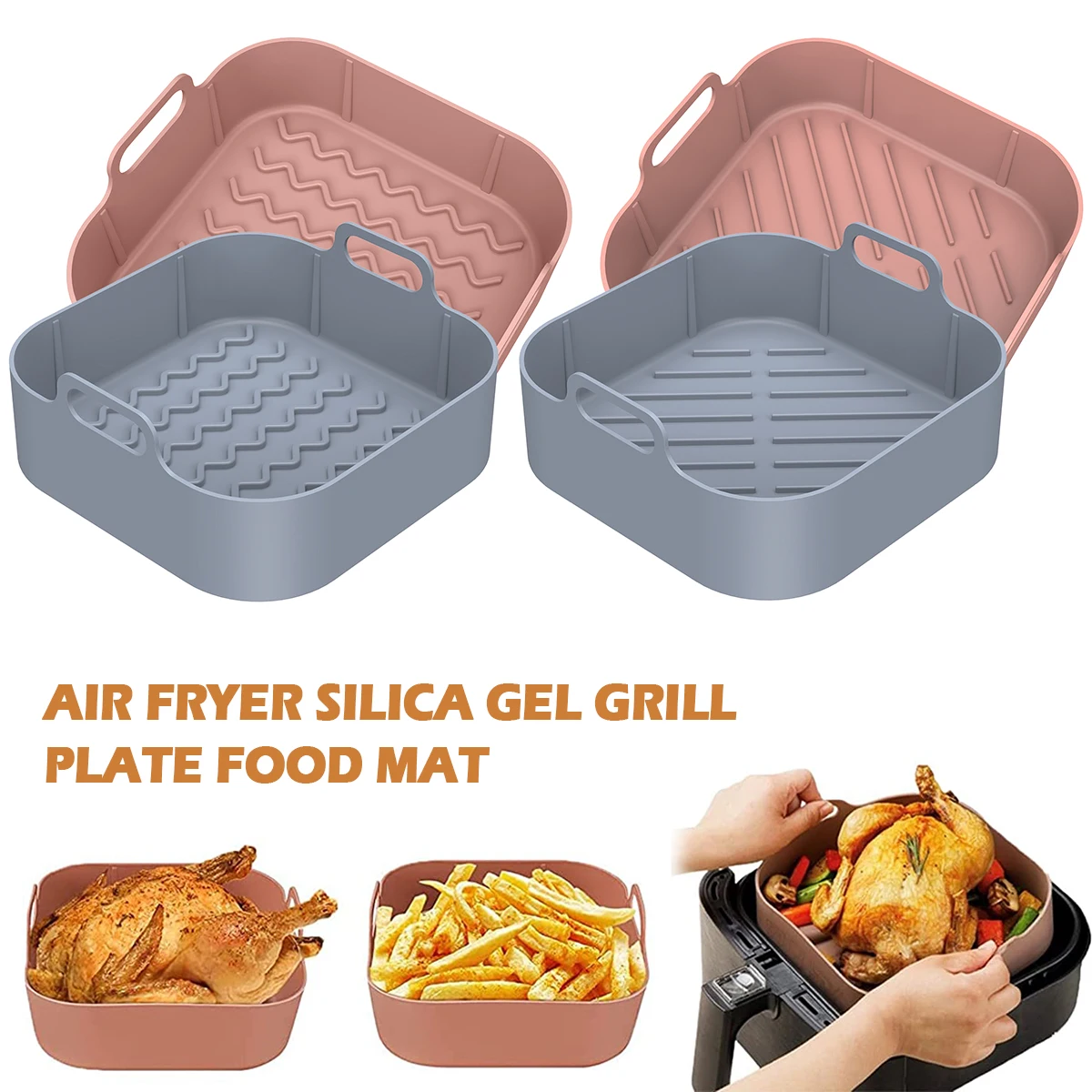 

2Pcs Air Fryers Oven Baking Tray Silicone Basket Pizza Fried Chicken Reusable Airfryer Pan Liner Accessories Fits 3.6 To 6.8QT