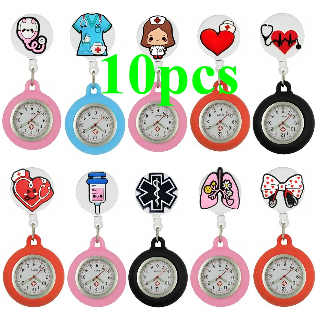 10pcs/Lot Fashion Nurse Doctor Students Retractable Hospital Medical Icons Health Care Medicine Clip Hang Pocket Watches Gifts