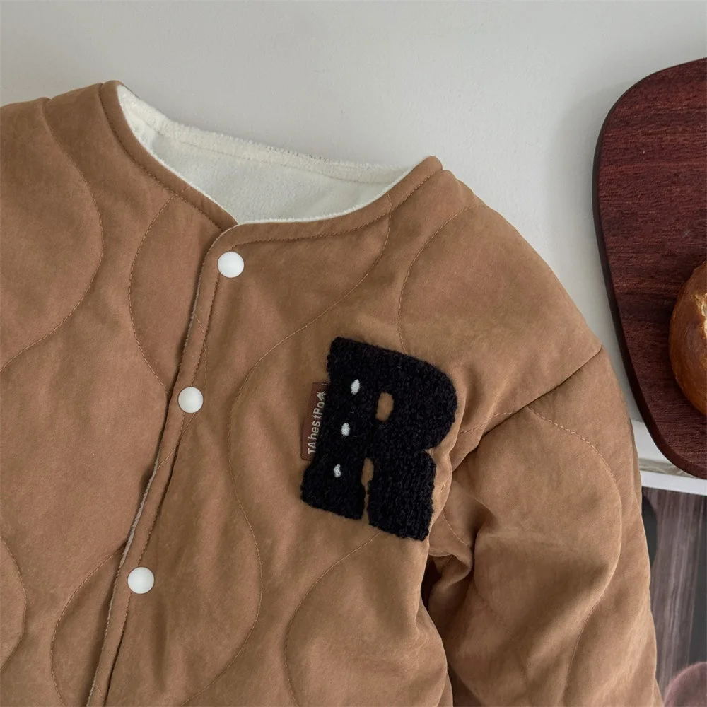 Winter New in Kids Baby Boys Thicken Plush Warm Top Outwear , Toddler Infant Patch Letter Jacket Outfits Fashion Clothing