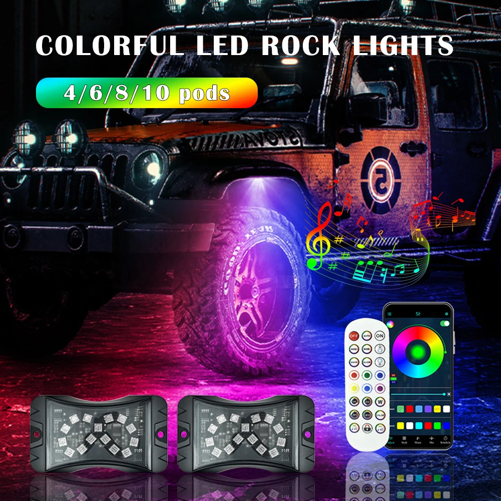 

Car LED Rock Lights 4/6/8/10 In 1 LED Pod Music Control Mode APP Remote Control Neon Underglow Lighting For Off-Road SUV ATV