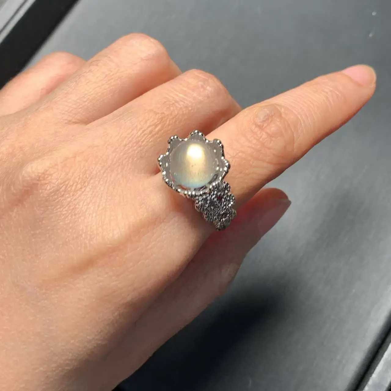 10MM Natural Moonstone Ring Adjustable Female  Ring Jewelry for Women Gift Wholesale High Quality Vintage Fine