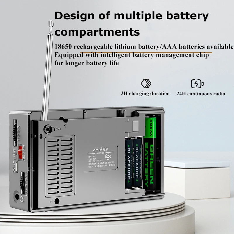Mini FM AM Radio Portable Multi-Band DSP Radios with Full Range Speaker Extended Antenna 3.5MM Headphone Jack 18650 Battery