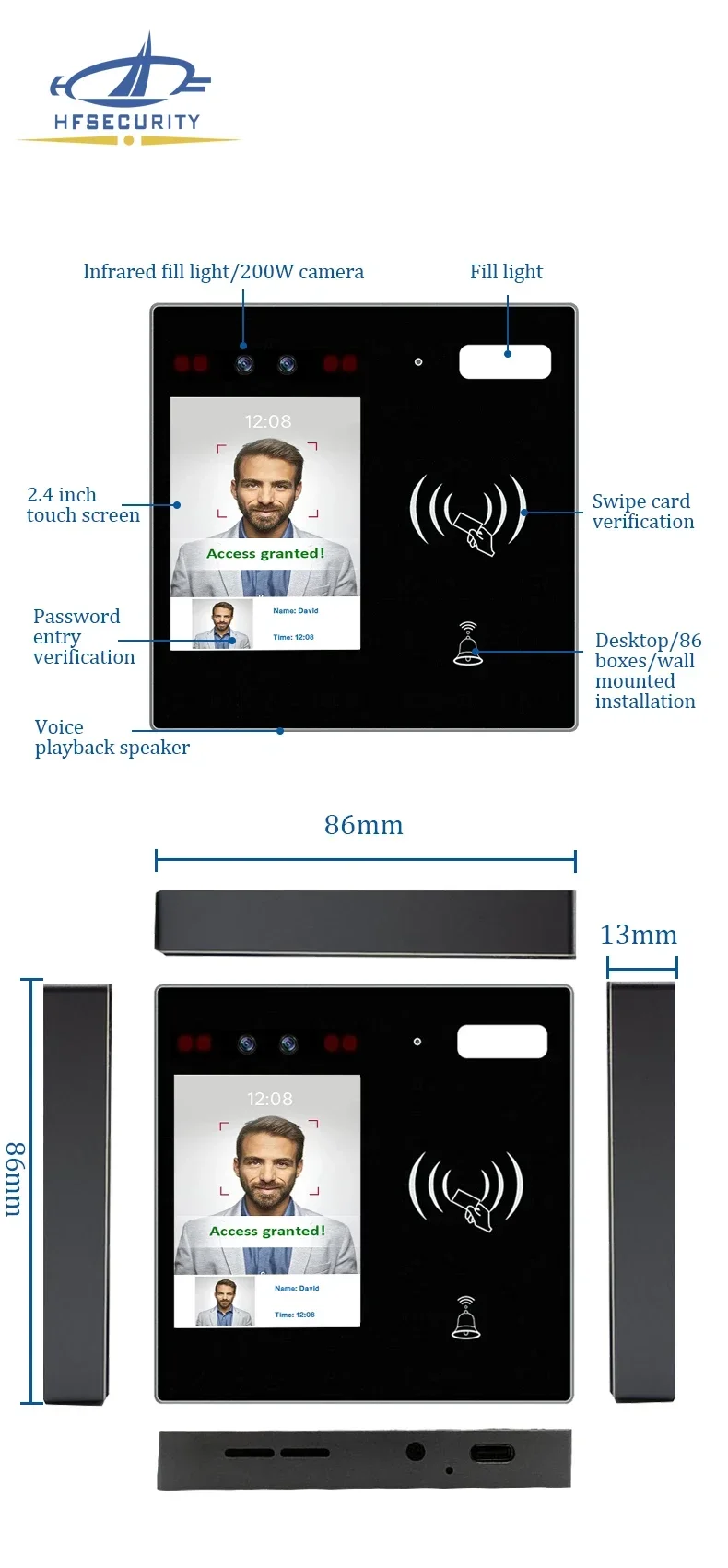 HFSecurity MINI30 얼굴 인식 IC 리더 2.4인치 얼굴 인식 출입 통제 시스템 (체육관, 호텔, 학교용)