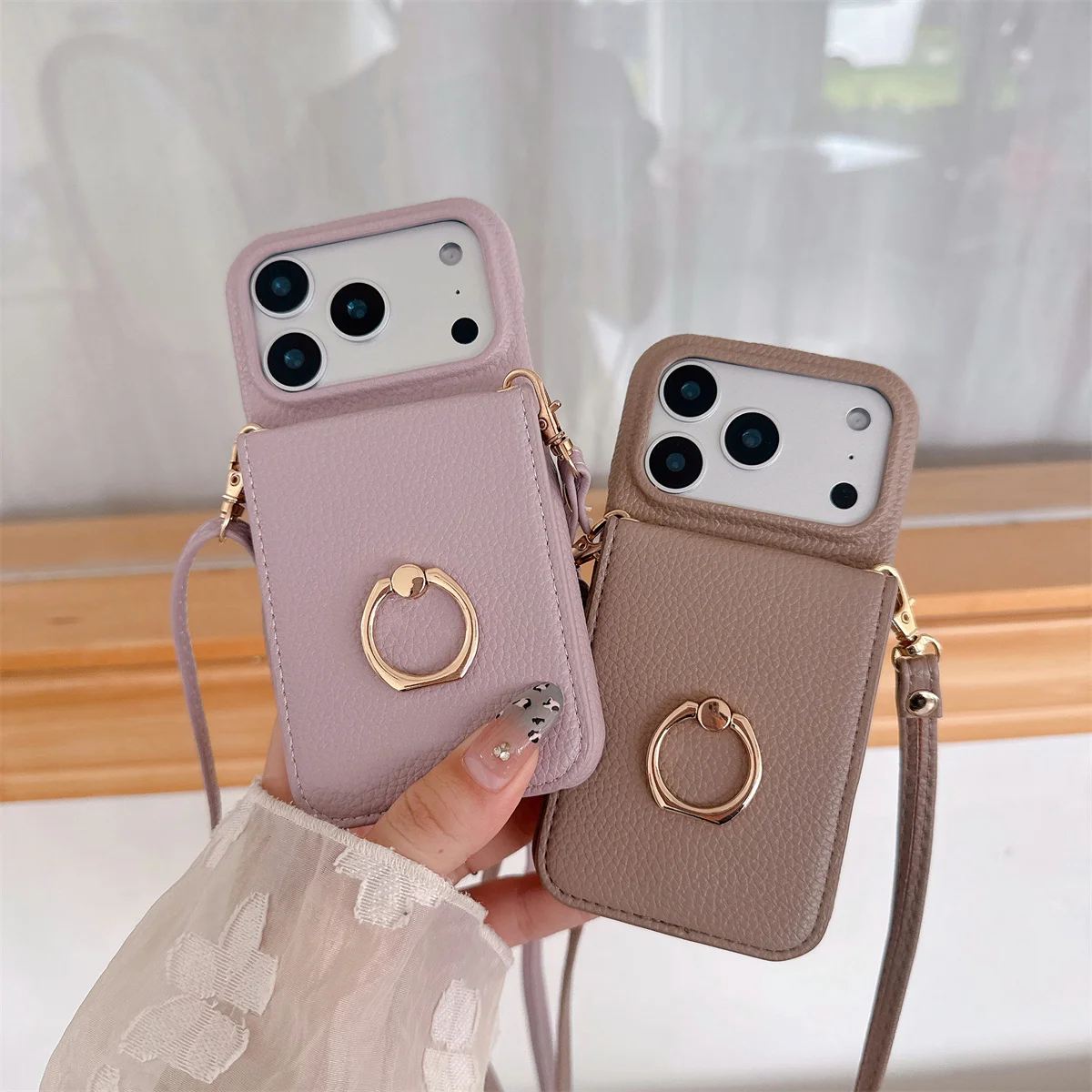 Crossbody Lanyard Wallet Phone Case with Ring Card Holder and Makeup Mirror