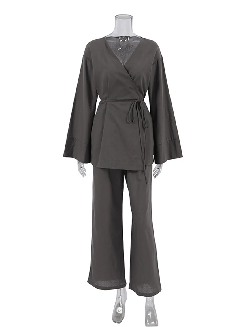 Marthaqiqi Loose Female Nightgowns Set Long Sleeve Nightwear Sexy V-Neck Sleepwear Lace Up Nightie Pants Women'S Pajamas Suits