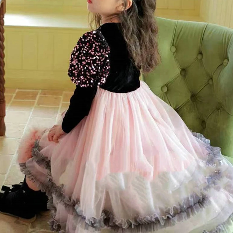 

Сетчатое платье с блестками для девочек, платье принцессы, новинка весны и осени, винтажное лоскутное розовое платье