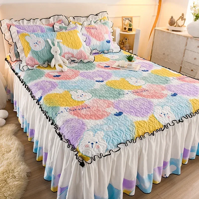 

Romantic Autumn Winter Skin Bed Skirt Friendly Cotton Bedspread Anti-skid Mattress Protective Cover for Queen King Size Bed