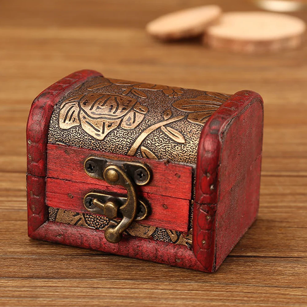 1PC Antique Mini Wood Treasure Chest Storage Box Jewelry Organizer Box Gifts Box Wooden Treasure Chest Jewelry Trinket Box 5
