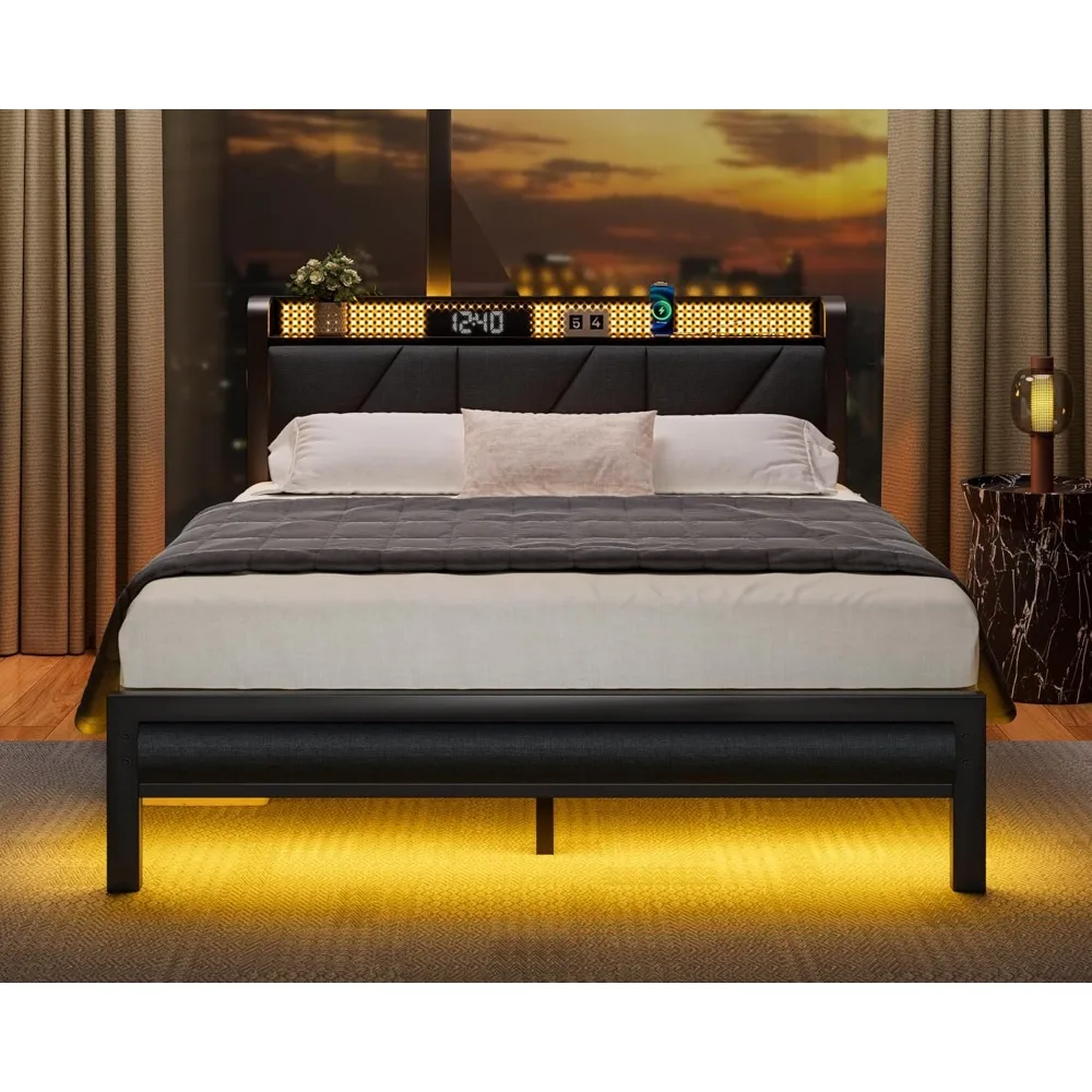 Bed Frame with Headboard and LED Lights, Upholstered Bedframe with Charging Station and USB Port, Platform Metal Bed Frames 2