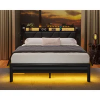 Bed Frame with Headboard and LED Lights, Upholstered Bedframe with Charging Station and USB Port, Platform Metal Bed Frames 2