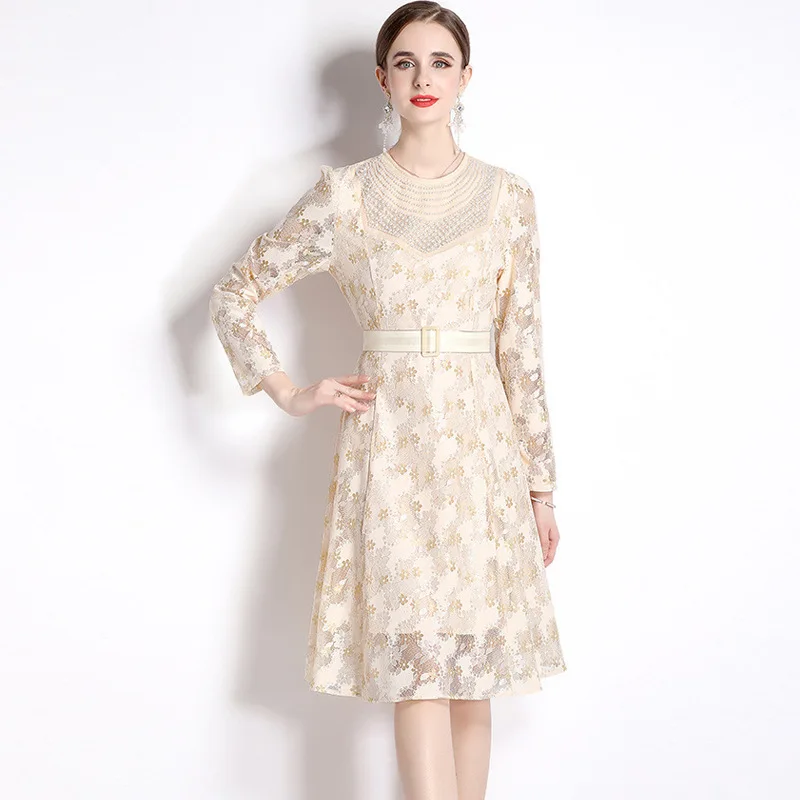 

#2446 Beige Lace A-line Dress Women Long Sleeve Vintage High Waist Runway Dress Belt Retro Round Neck Pearls Knee-length Spring