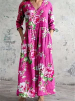 Plus size  Europe and the United States cross-border  spring and autumn hot sale printed pocket V-neck long sleeve dres - Image 2