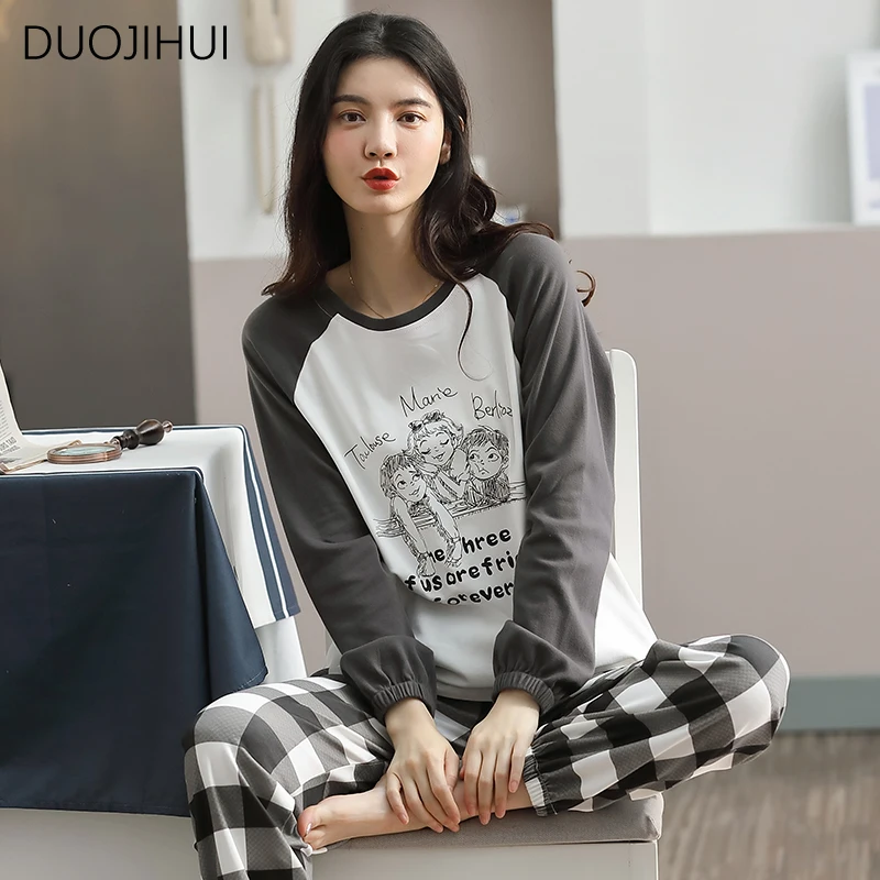 DUOJIHUI Two Piece Simple Printed Autumn Female Sleepwear Basic O-neck Pullover Classic Plaid Pant Casual Home Pajamas for Women