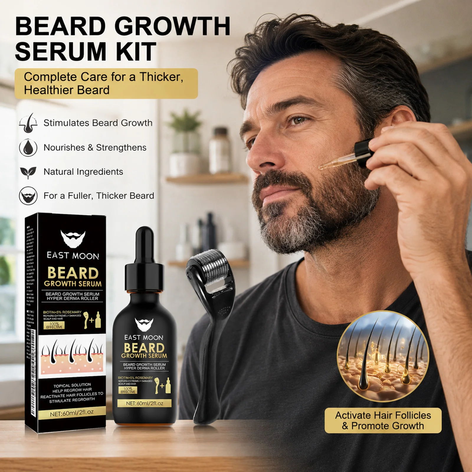 Kit Siero per la Crescita della Barba con Derma Roller 0.2mm, Attiva i Follicoli Piliferi, Ripara la Barba Danneggiata, Siero per Barba Più Folta e Spessa