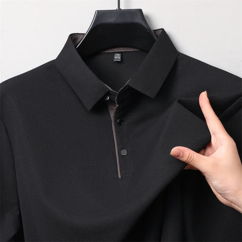 Polo da uomo in tinta unita a maniche lunghe casual da lavoro nuova Top versatile quattro stagioni caldo e confortevole alla moda - immagine 3