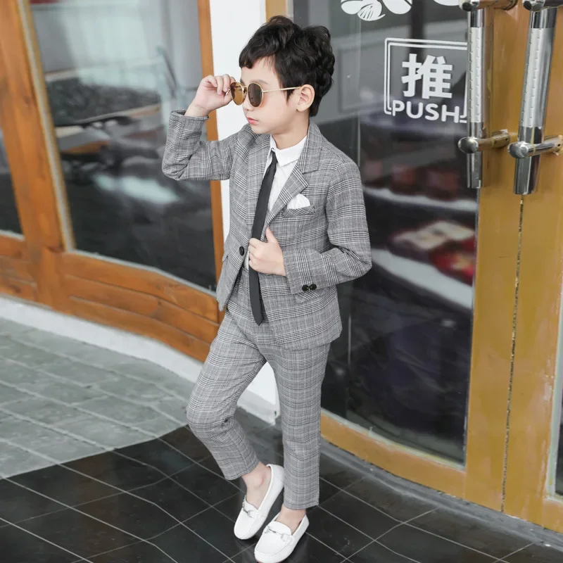 Boys Suit Set Kids Pant Blazers Set Spring Autumn Boys Casual 2pcs Suits Jackets Plaid Single Button Children Party Wedding Clothes 3-11y
