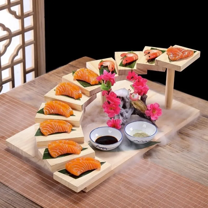 Japanese wooden wood Cuisine Sushi Bridge Boats Pine Creative Sashimi plate Platter Tableware Decoration Ornament