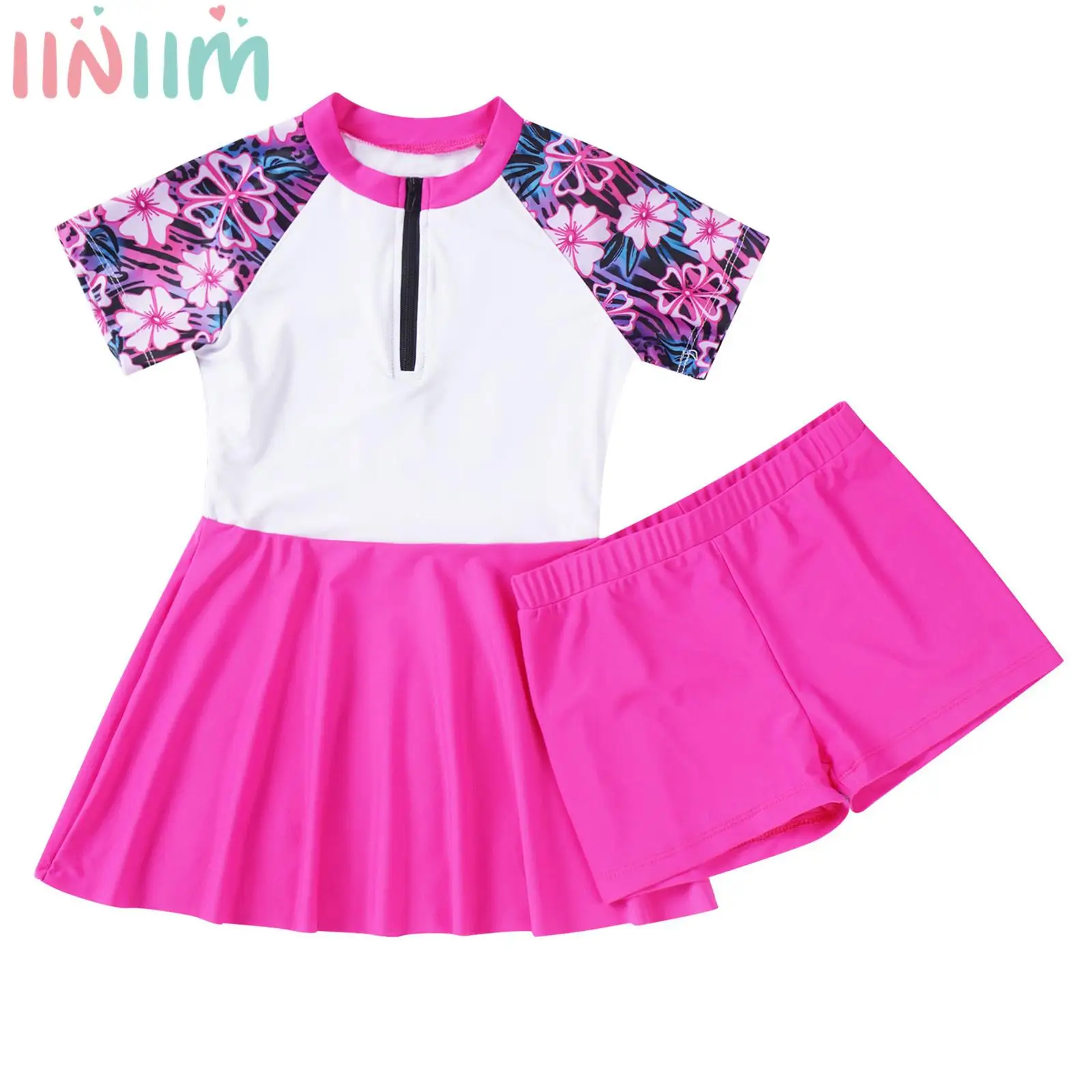 

Kids Girls Swimming Suit Short Sleeve Zipper Swim Dress with Shorts Rashguard Set Beach Surfing Swimwear 2Pcs Sport Bathing Suit