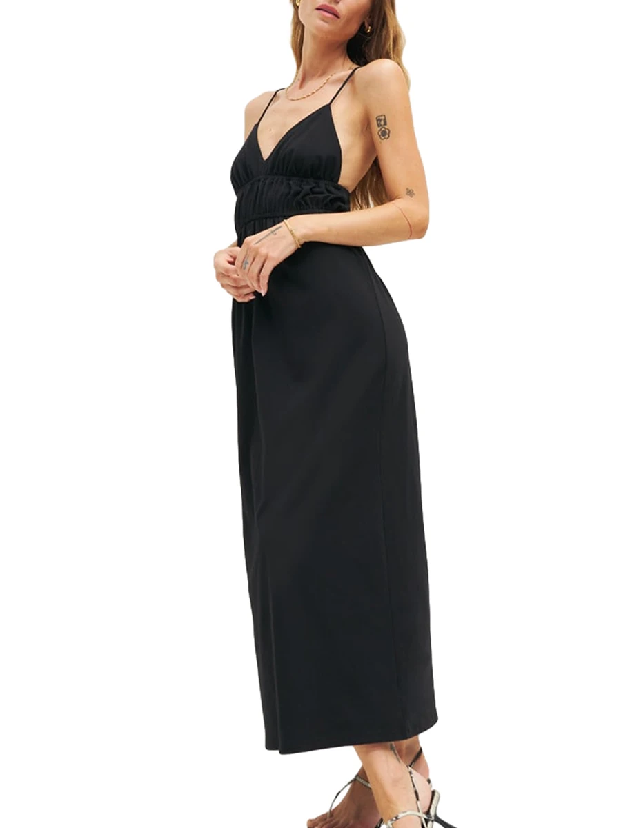 

Women Sexy Ruched Slim Fit Long Dress Summer Solid Color Sleeveless Backless Cami Dress Spaghetti Strap Long Party Dress