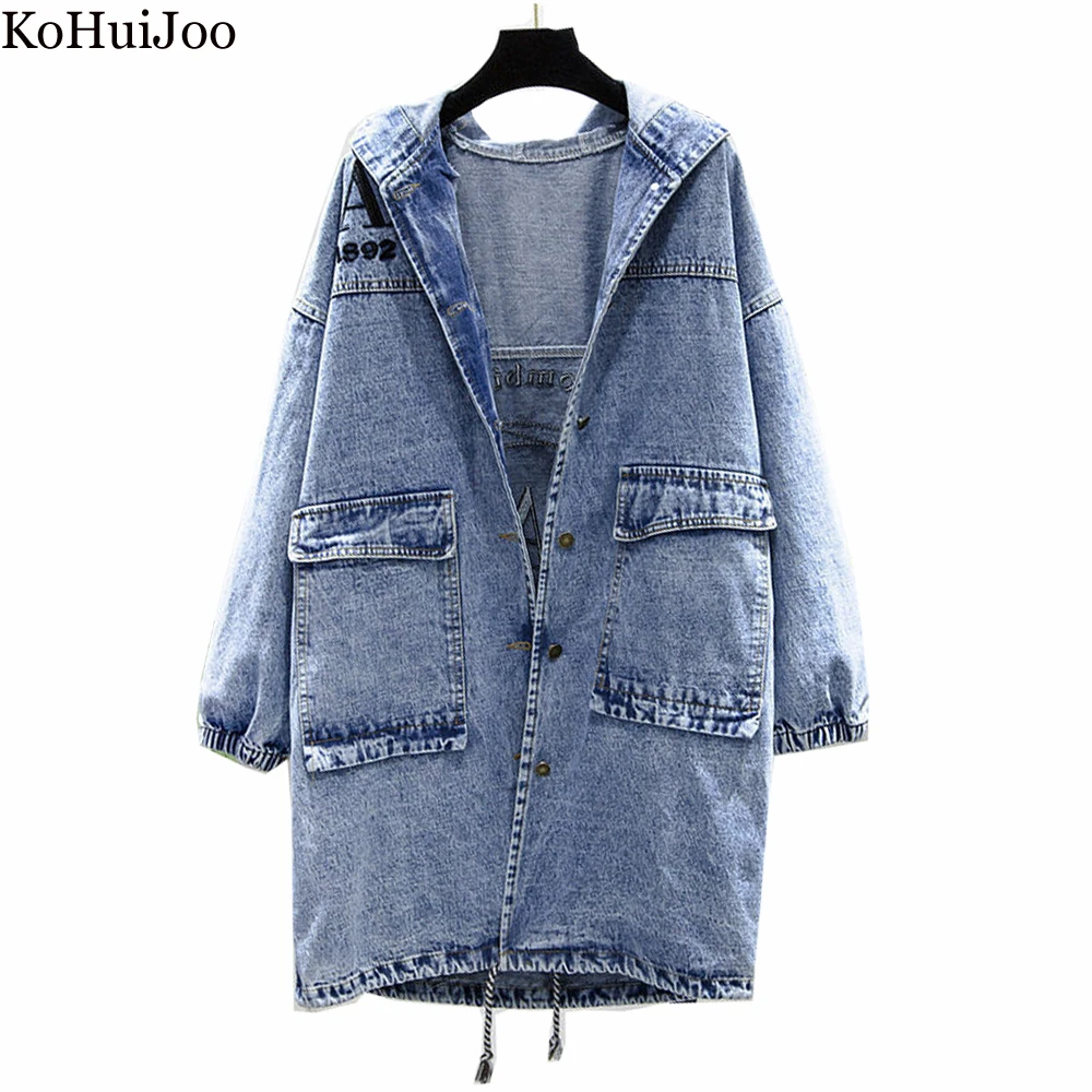 ladies long puffer coat KoHuiJoo Spring Autumn Women Long Windbreaker jacket Korean Loose Casual Hooded Vintage Denim Trench Femme chaquetas de mujer duvet coats