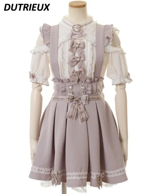 Lolita Mine Mass-Produced Lace High Waist Skirt Bow Ruffled Cross Strap Cute Sweet Skirt Fashion Lolita Style Casual Skirt дети девушки хлопок круглый шея танк топы короткий рукав джаз танец этап производительность костюм спорт урожай top sash tie cross waist