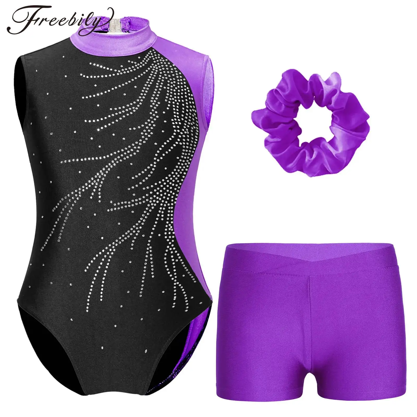 

Children's Rhythmic Gymnastics Bodysuit for Girl Shiny Rhinestones Gymnastic Jumpsuit Ballet Leotard with Shorts Teens Dancewear