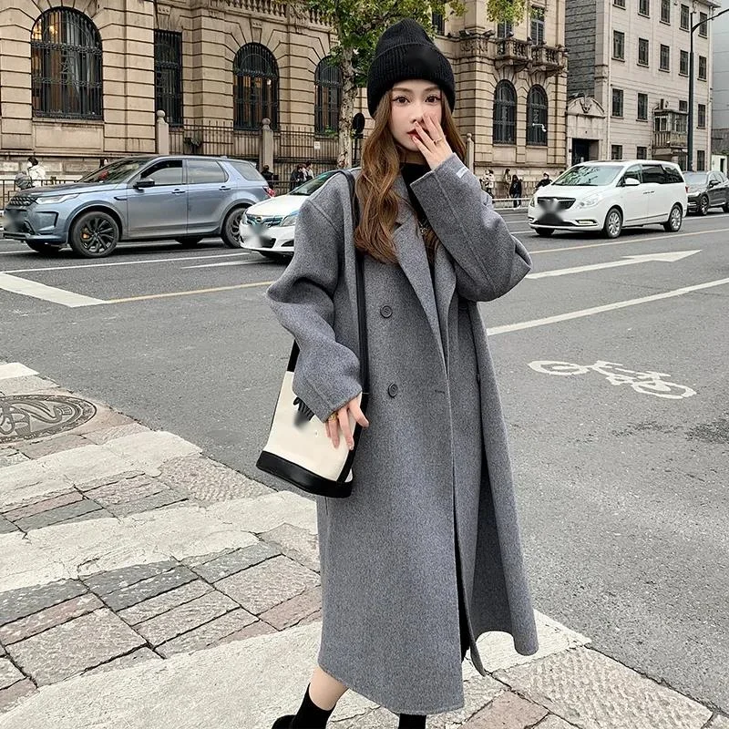 Pink Double sided Cashmere Women's 2023 Autumn/Winter New Korean Loose Mid length Hepburn Style Fleece Coat_voghion.com