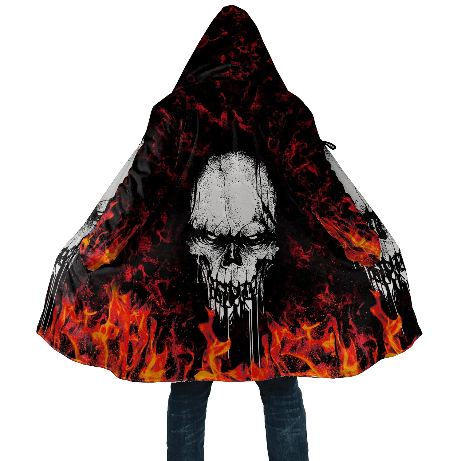 PLstar Cosmos Herren-Umhang, Reaper, Totenkopf-Tattoo, 3D-Allover-bedruckter Fleece-Kapuzenumhang, Unisex, lässig, dick, warm, Cape-Mantel PF69 – Detail 15