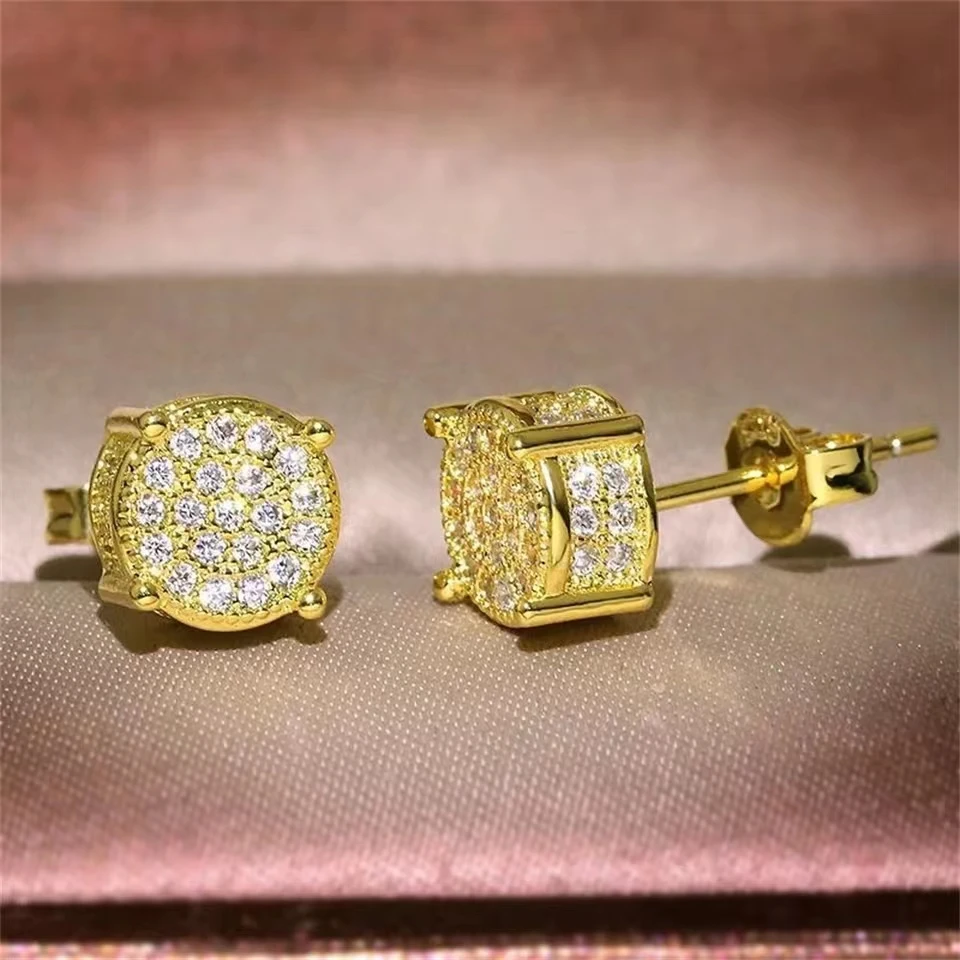 Stud earrings gold-color square and round ear studs for women fashion shiny classic rhinestone tiny earrings jewelry gift