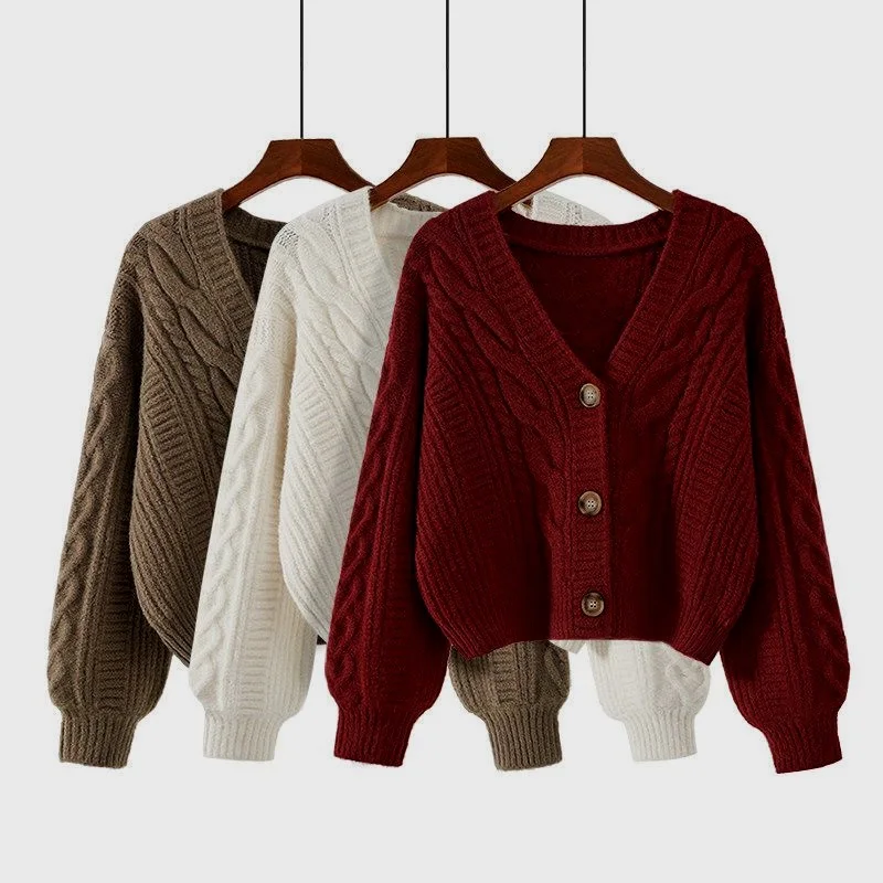 New Autumn and Winter Fashion Women's Clothing New V-neck Lantern Sleeve Sweater Elegant Casual Single-breasted Cardigan Jacket