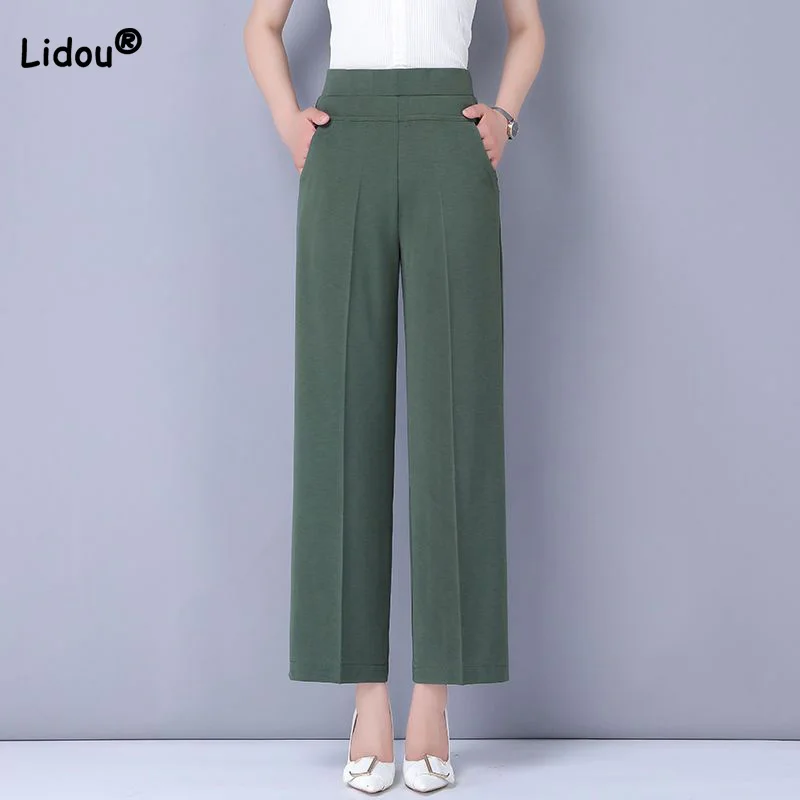 Summer Ice Silk High Waisted Cropped Pants Womens Office Lady Patchwork Pockets Lifting Buttocks and Waist Wide Leg Trousers front seamless after the buttocks ditch 2319 t back g string underwear triangle pants trousers suit jacket boxer free shipping