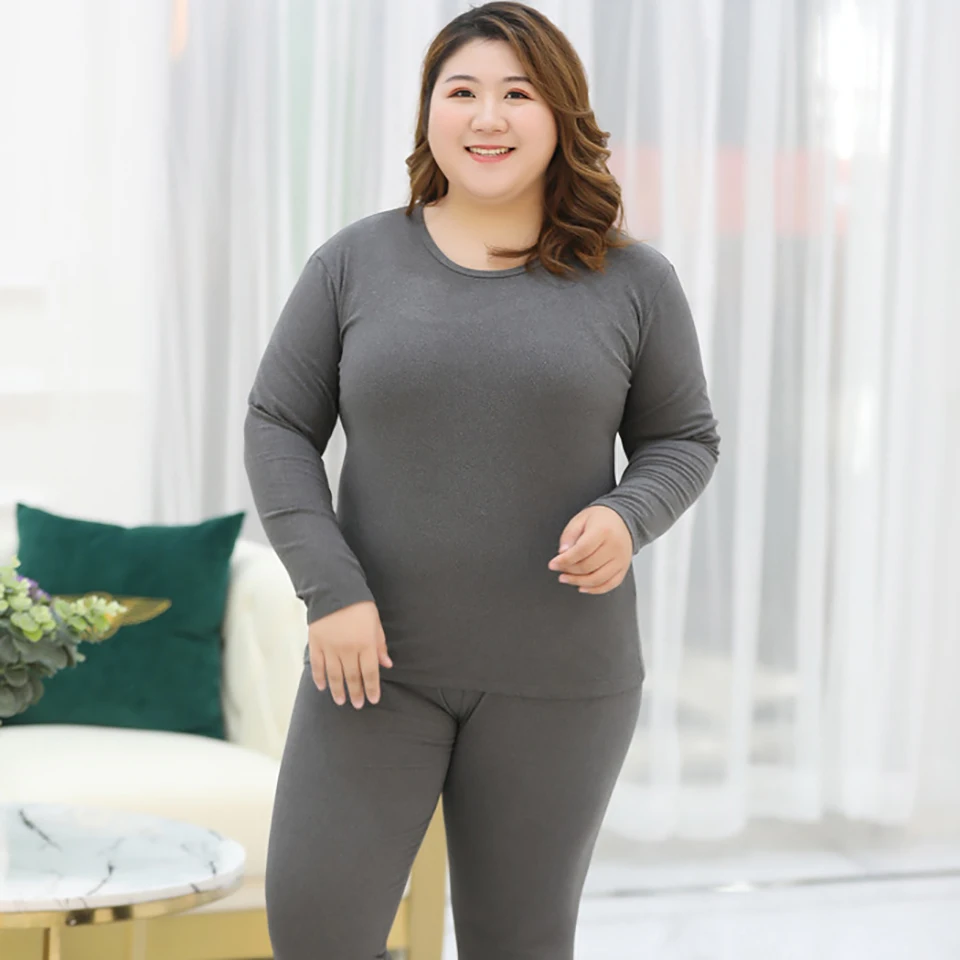 Plus Size Thermal Set Women Long Johns Set Solid Warm Thermal Underwear Thermo Long Sleeve Pants Pajamas Winter Home Clothes