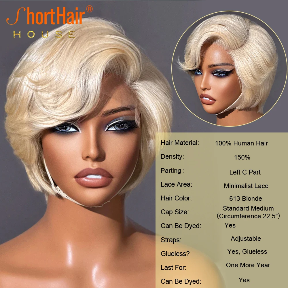 Short Hair 613 Blonde 180% Pixie Cut Wigs Human Hair Wig Bangs 13x6x1 T Part Wig Brazilian C Parted Minimalist Pixie