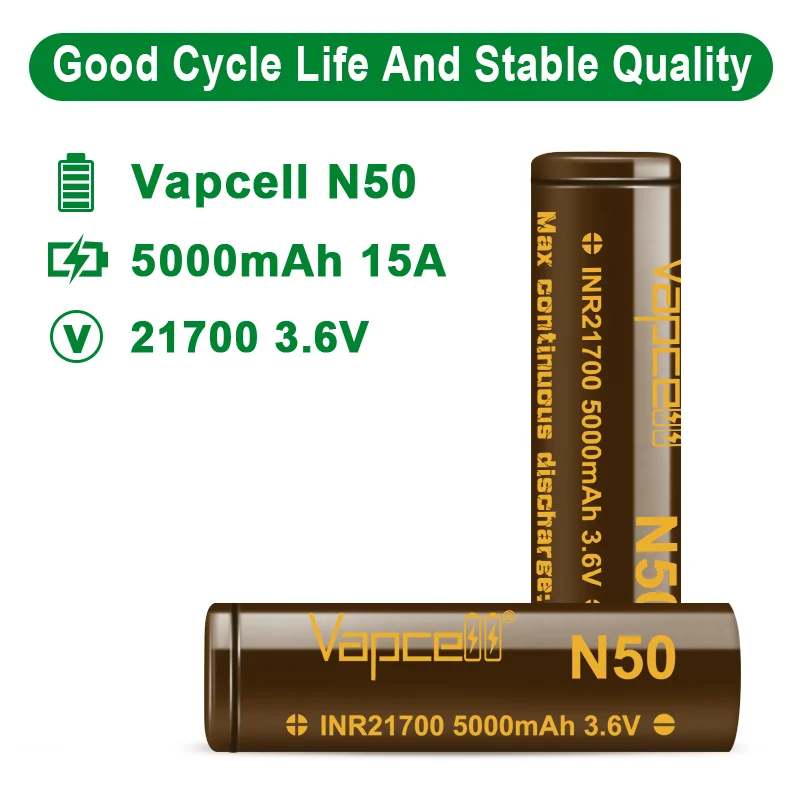 오리지널 고성능 Vapcell N50 INR 21700 5000mAh CDR 15A 3.6V 충전식 배터리 저저항 셀 (손전등용)